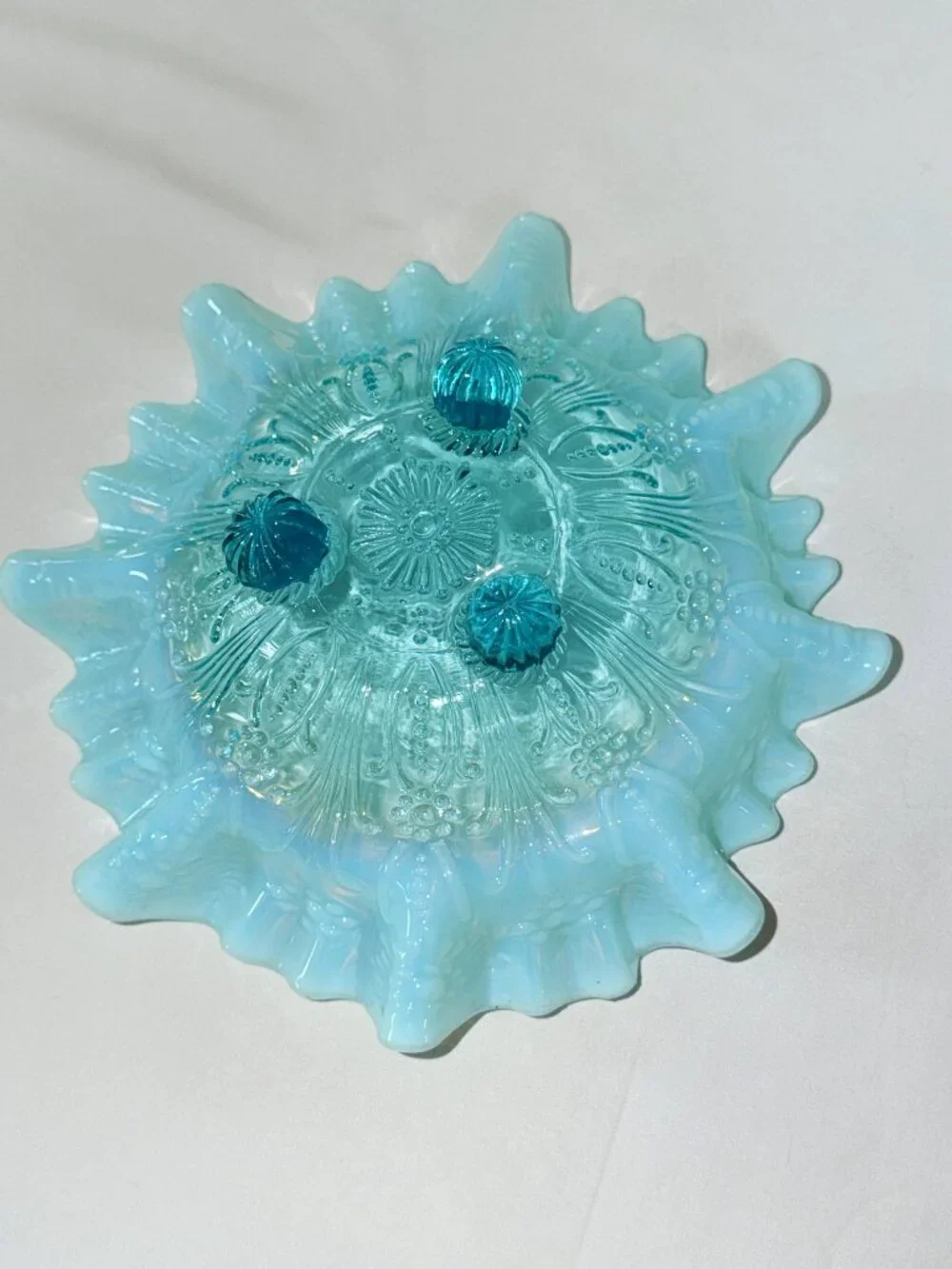 Antique Jefferson Blue Opalescent Beaded Fleur De Lis Footed Ruffled Glass Bowl